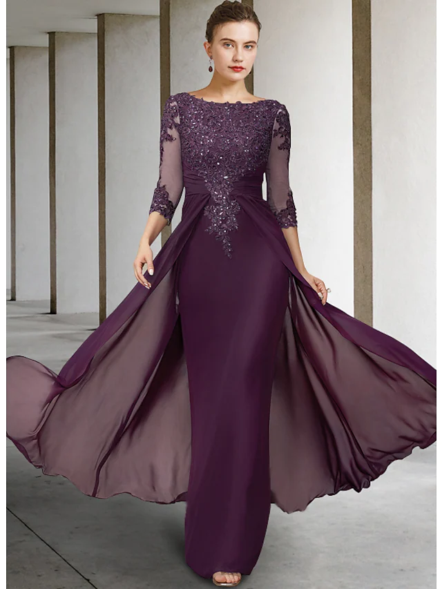 Mother of the Bride Dress Elegant Sparkle & Shine Jewel Neck Asymmetrical Floor Length Chiffon Lace 3/4 Length Sleeve with Sequin Appliques