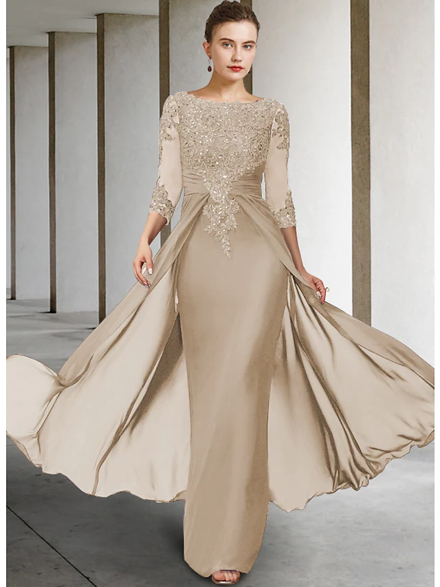 Mother of the Bride Dress Elegant Sparkle & Shine Jewel Neck Asymmetrical Floor Length Chiffon Lace 3/4 Length Sleeve with Sequin Appliques
