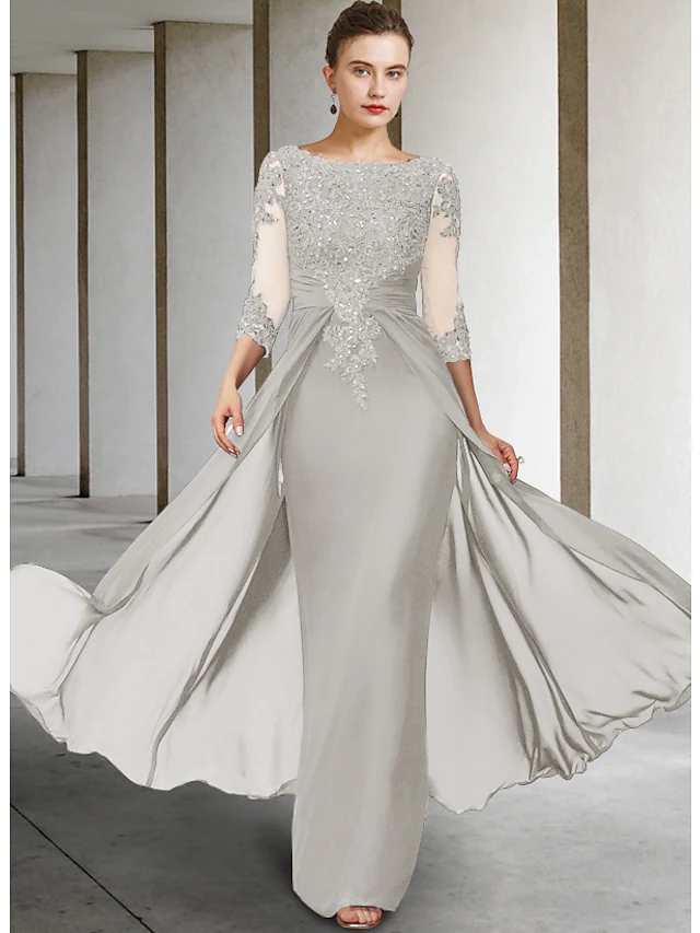 Mother of the Bride Dress Elegant Sparkle & Shine Jewel Neck Asymmetrical Floor Length Chiffon Lace 3/4 Length Sleeve with Sequin Appliques