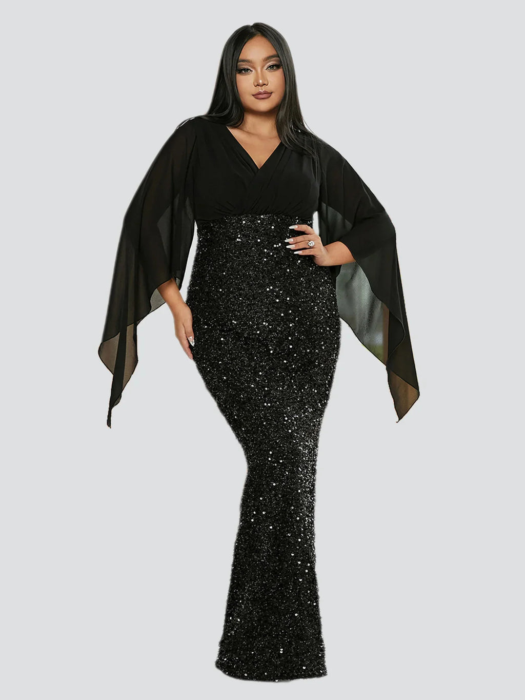 Mermaid / Trumpet Wedding Guest Dresses Plus Size Dress Cocktail Party Floor Length Long Sleeve V Neck Sequined with Glitter Slit