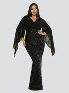 Mermaid / Trumpet Wedding Guest Dresses Plus Size Dress Cocktail Party Floor Length Long Sleeve V Neck Sequined with Glitter Slit