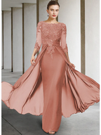 Mother of the Bride Dress Elegant Sparkle & Shine Jewel Neck Asymmetrical Floor Length Chiffon Lace 3/4 Length Sleeve with Sequin Appliques