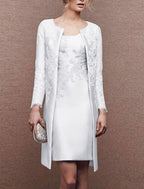 Two Piece Sheath / Column Mother of the Bride Dress Fall Wedding Guest Dresses Church Plus Size Elegant Scoop Neck Knee Length Satin Lace Sleeveless Wrap Included Jacket Dresses with Appliques