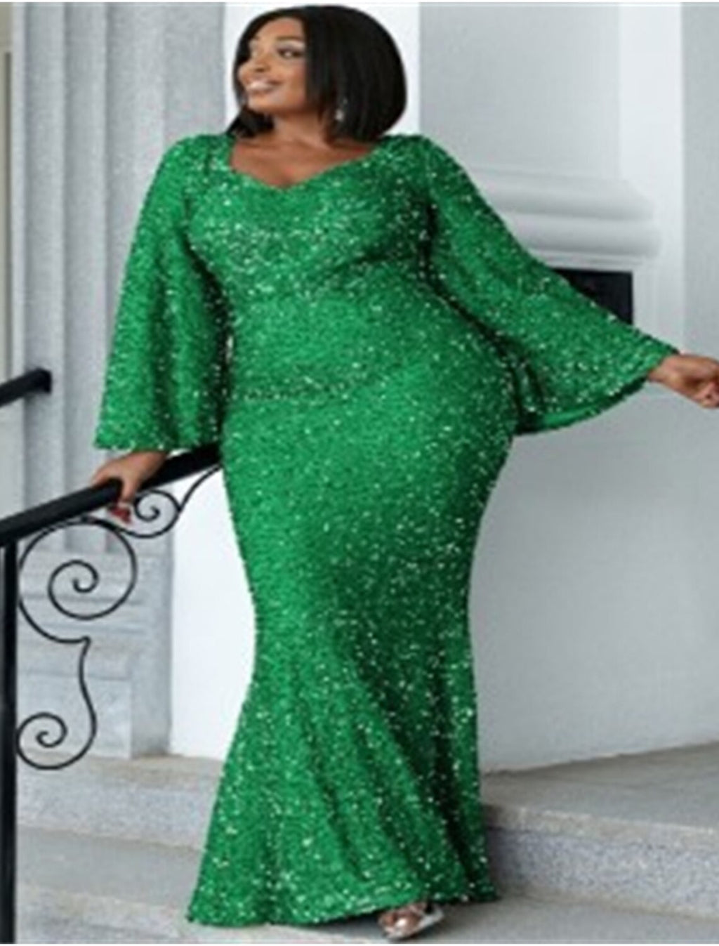 Mermaid / Trumpet Wedding Guest Dresses Plus Size Dress Cocktail Party Floor Length Long Sleeve Scoop Neck Sequined with Glitter