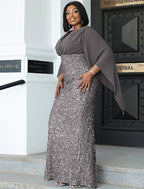 Mermaid / Trumpet Wedding Guest Dresses Plus Size Dress Cocktail Party Floor Length Long Sleeve V Neck Sequined with Glitter Slit