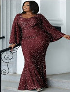 Mermaid / Trumpet Wedding Guest Dresses Plus Size Dress Cocktail Party Floor Length Long Sleeve Scoop Neck Sequined with Glitter