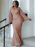 Mermaid / Trumpet Wedding Guest Dresses Plus Size Dress Cocktail Party Floor Length Long Sleeve Scoop Neck Sequined with Glitter