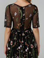 A-Line Party Dress Holiday Tea Length Half Sleeve Illusion Neck Organza with Embroidery Appliques