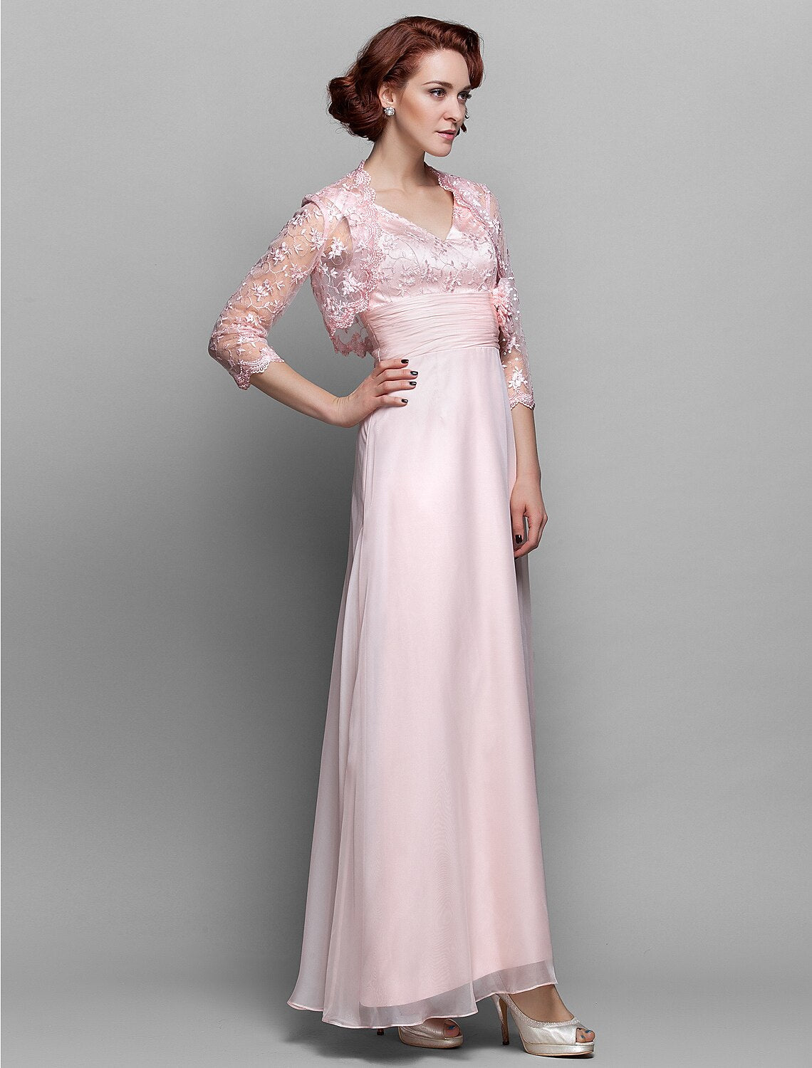 Sheath / Column Mother of the Bride Dress V Neck Ankle Length Chiffon Lace 3/4 Length Sleeve with Bow(s) Ruched
