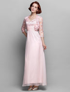 Sheath / Column Mother of the Bride Dress V Neck Ankle Length Chiffon Lace 3/4 Length Sleeve with Bow(s) Ruched