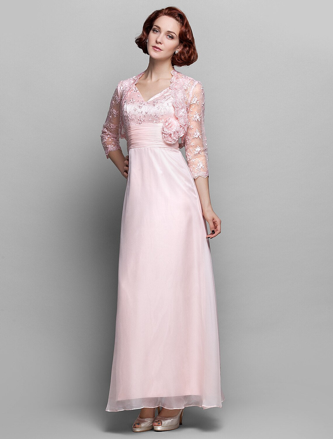 Sheath / Column Mother of the Bride Dress V Neck Ankle Length Chiffon Lace 3/4 Length Sleeve with Bow(s) Ruched
