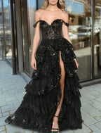 Mermaid / Trumpet Prom Dresses Corsets Dress Formal Court Train Sleeveless Off Shoulder Tulle with Sequin Slit