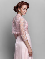 Sheath / Column Mother of the Bride Dress V Neck Ankle Length Chiffon Lace 3/4 Length Sleeve with Bow(s) Ruched