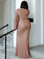 Mermaid / Trumpet Wedding Guest Dresses Plus Size Dress Cocktail Party Floor Length Long Sleeve Scoop Neck Sequined with Glitter
