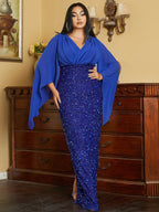 Mermaid / Trumpet Wedding Guest Dresses Plus Size Dress Cocktail Party Floor Length Long Sleeve V Neck Sequined with Glitter Slit