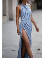 Sheath / Column Prom Dresses Elegant Dress Wedding Guest Court Train Sleeveless Halter Satin with Slit Pure Color