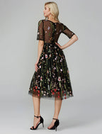 A-Line Party Dress Holiday Tea Length Half Sleeve Illusion Neck Organza with Embroidery Appliques