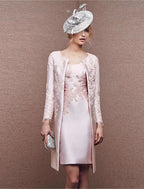 Two Piece Sheath / Column Mother of the Bride Dress Fall Wedding Guest Dresses Church Plus Size Elegant Scoop Neck Knee Length Satin Lace Sleeveless Wrap Included Jacket Dresses with Appliques