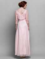 Sheath / Column Mother of the Bride Dress V Neck Ankle Length Chiffon Lace 3/4 Length Sleeve with Bow(s) Ruched