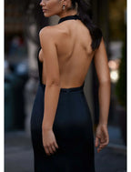 Sheath / Column Prom Dresses Elegant Dress Wedding Guest Court Train Sleeveless Halter Satin with Slit Pure Color