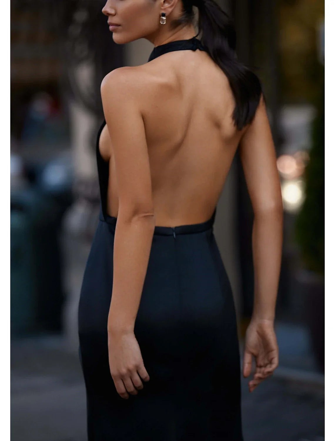 Sheath / Column Prom Dresses Elegant Dress Wedding Guest Court Train Sleeveless Halter Satin with Slit Pure Color