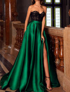 A-Line Evening Gown Vintage Dress Christmas Engagement Court Train Sleeveless Sweetheart Pocket Satin with Slit Embroidery Pocket