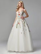 A-Line Special Occasion Dresses Floral Dress Wedding Guest Homecoming Floor Length Sleeveless V Neck Lace with Embroidery Appliques