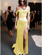 Sheath Column Prom Dresses Minimalist Dress Evening Party Sweep Brush Train Sleeveless Strapless Charmeuse with Pleats Ruched Slit