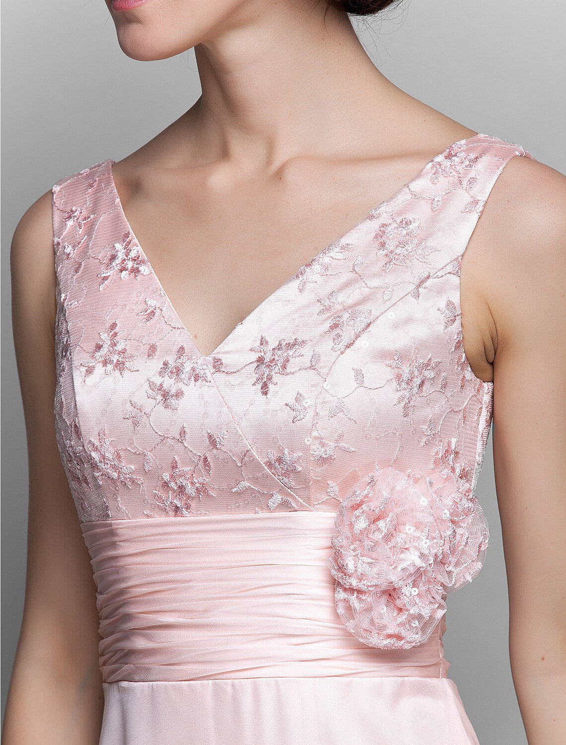 Sheath / Column Mother of the Bride Dress V Neck Ankle Length Chiffon Lace 3/4 Length Sleeve with Bow(s) Ruched