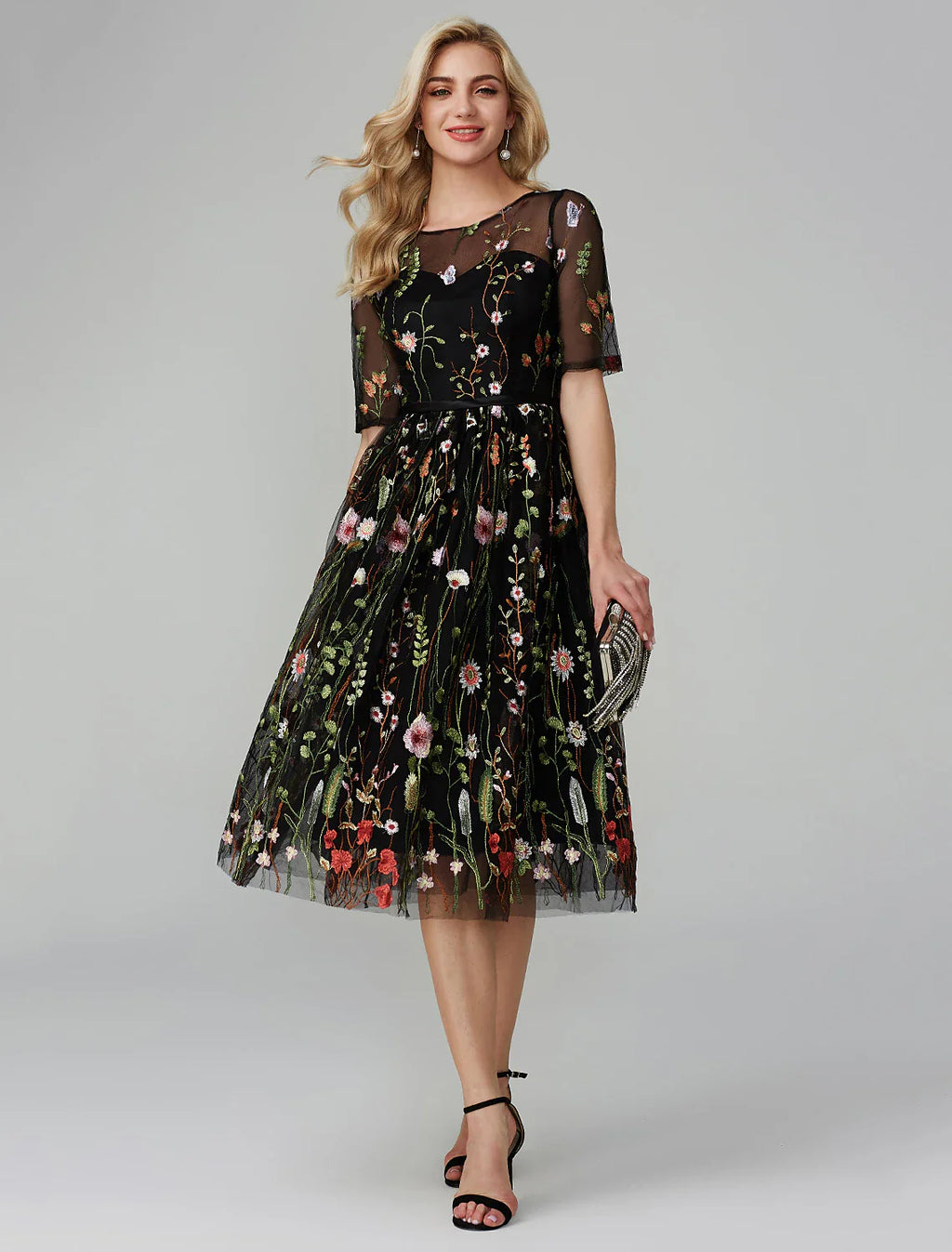 A-Line Party Dress Holiday Tea Length Half Sleeve Illusion Neck Organza with Embroidery Appliques