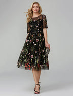 A-Line Party Dress Holiday Tea Length Half Sleeve Illusion Neck Organza with Embroidery Appliques