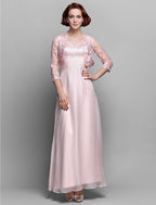Sheath / Column Mother of the Bride Dress V Neck Ankle Length Chiffon Lace 3/4 Length Sleeve with Bow(s) Ruched