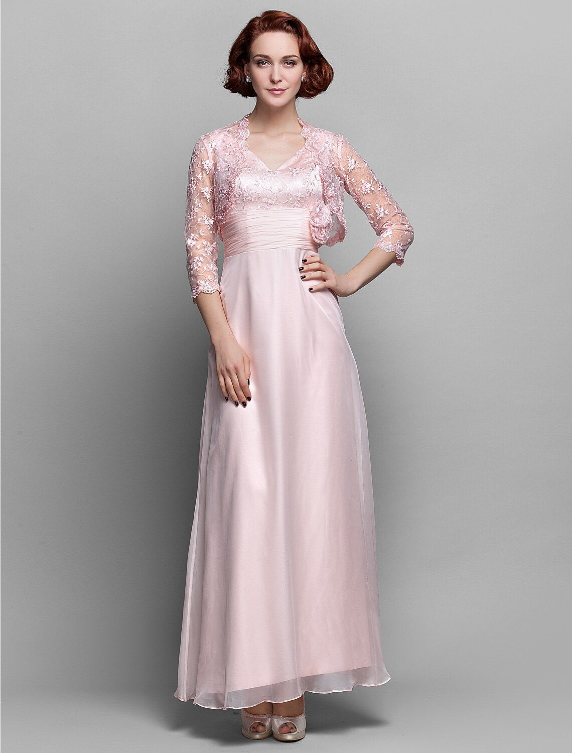 Sheath / Column Mother of the Bride Dress V Neck Ankle Length Chiffon Lace 3/4 Length Sleeve with Bow(s) Ruched