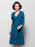 A-Line Mother of the Bride Dress Wrap Included V Neck Knee Length Chiffon 3/4 Length Sleeve with Criss Cross Side Draping Flower