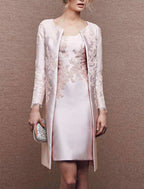 Two Piece Sheath / Column Mother of the Bride Dress Fall Wedding Guest Dresses Church Plus Size Elegant Scoop Neck Knee Length Satin Lace Sleeveless Wrap Included Jacket Dresses with Appliques